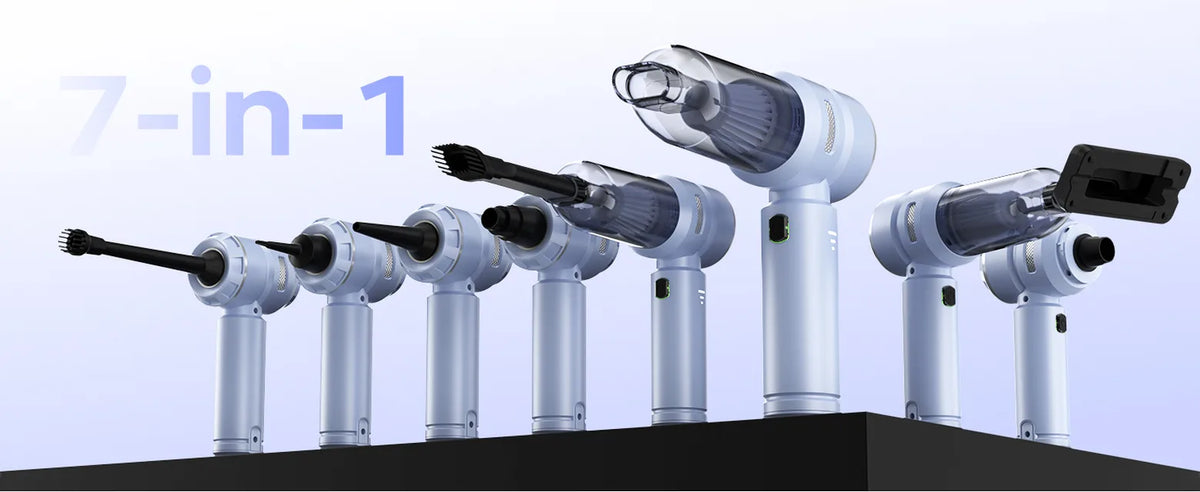 Blue VNOST cordless car vacuum shown with multiple nozzle attachments for vacuuming, blowing, inflation, and air extraction