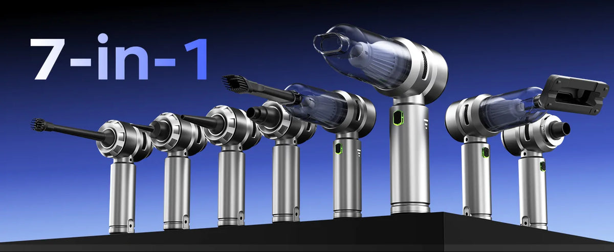 Silver VNOST cordless car vacuum shown with multiple nozzle attachments for vacuuming, blowing, inflation, and air extraction