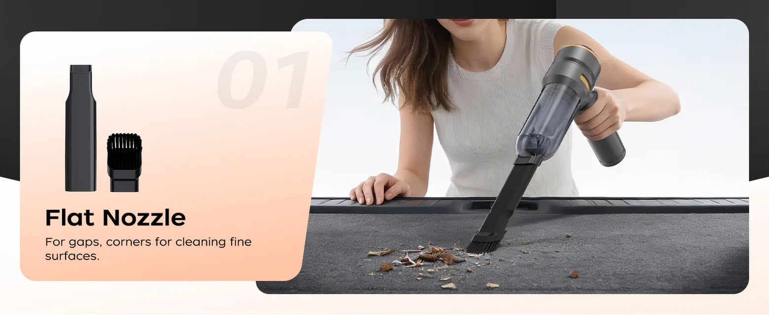 Black VNOST cordless car vacuum cleaning debris from a car trunk with a crevice nozzle and brush attachment