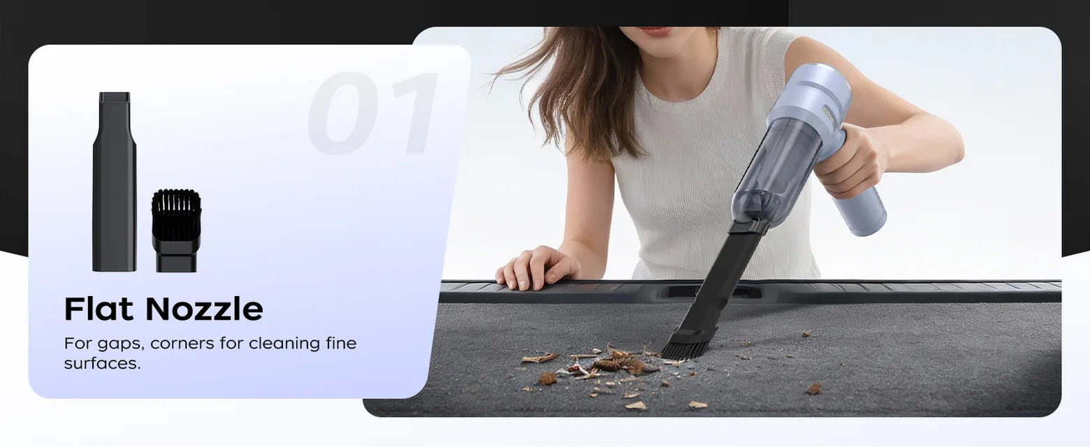 Blue VNOST cordless car vacuum cleaning debris from a car trunk with a crevice nozzle and brush attachment