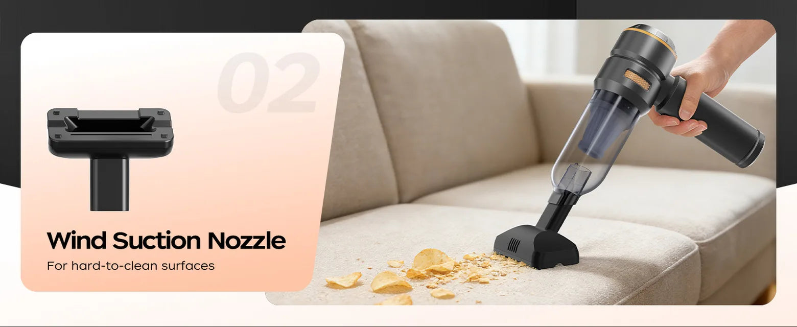 Black VNOST cordless car vacuum cleaning crumbs from a sofa with the floor brush attachment