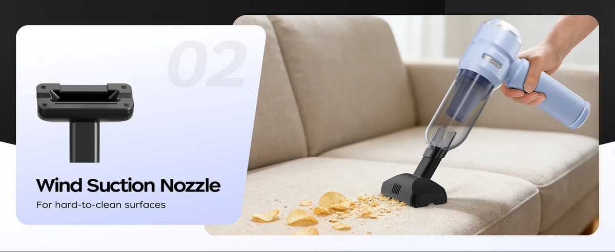 Blue VNOST cordless car vacuum cleaning crumbs from a sofa with the floor brush attachment
