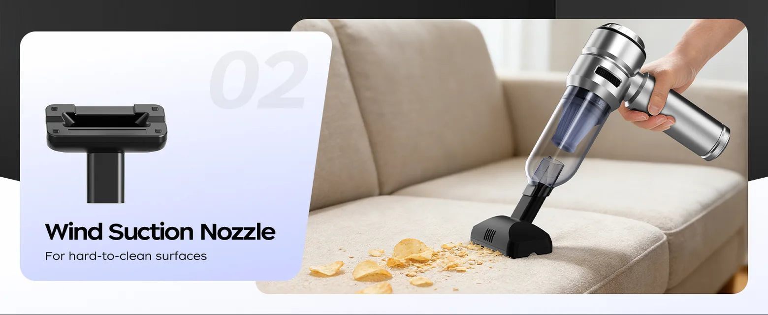 Silver VNOST cordless car vacuum cleaning crumbs from a sofa with the floor brush attachment