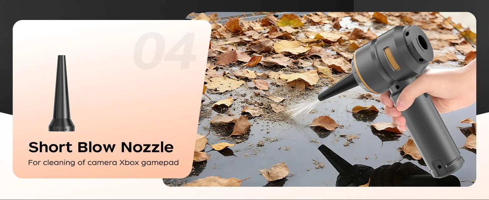 Black VNOST cordless car vacuum using a short blower nozzle to clear leaves and loose debris from a vehicle surface