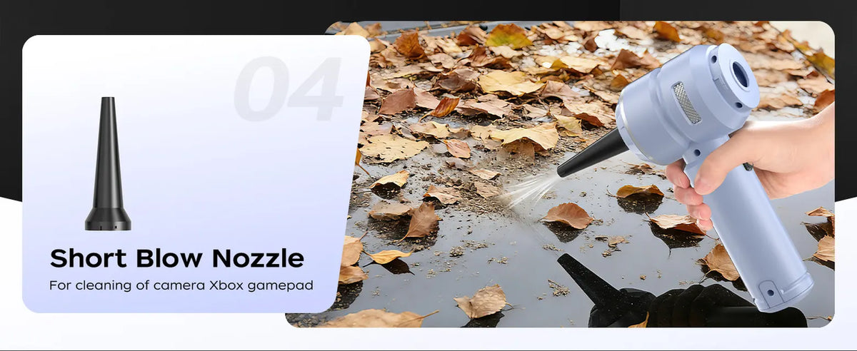 Blue VNOST cordless car vacuum using a short blower nozzle to clear leaves and loose debris from a vehicle surface