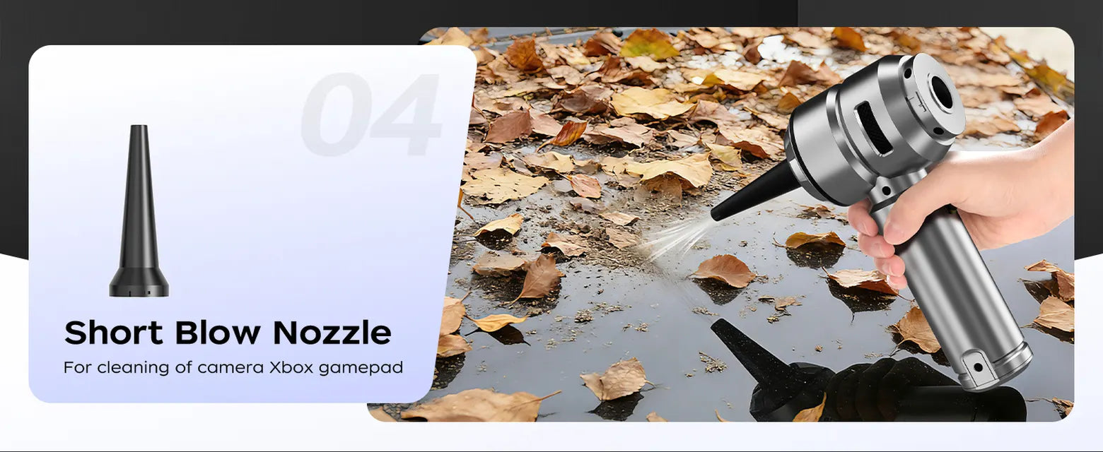Silver VNOST cordless car vacuum using a short blower nozzle to clear leaves and loose debris from a car windshield