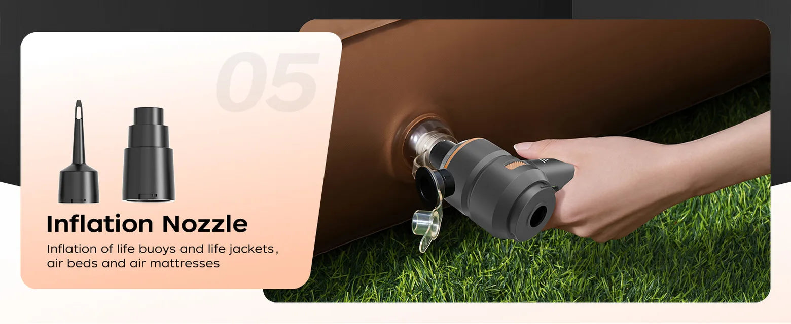 Black VNOST cordless car vacuum using an inflation nozzle to inflate an air mattress