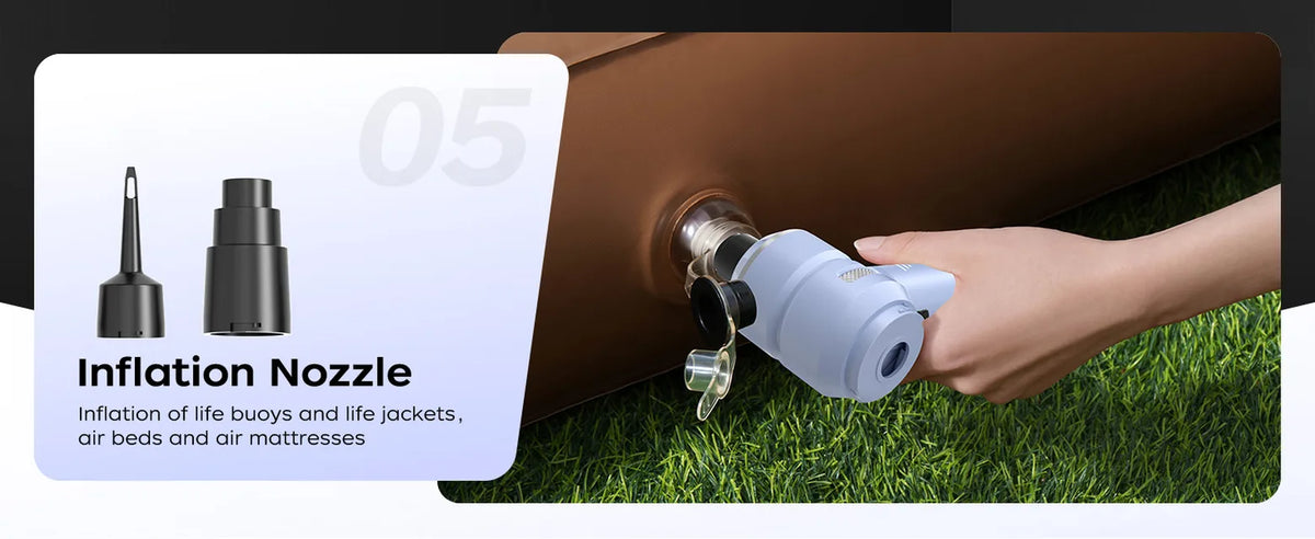 Blue VNOST cordless car vacuum using an inflation nozzle to inflate an air mattress
