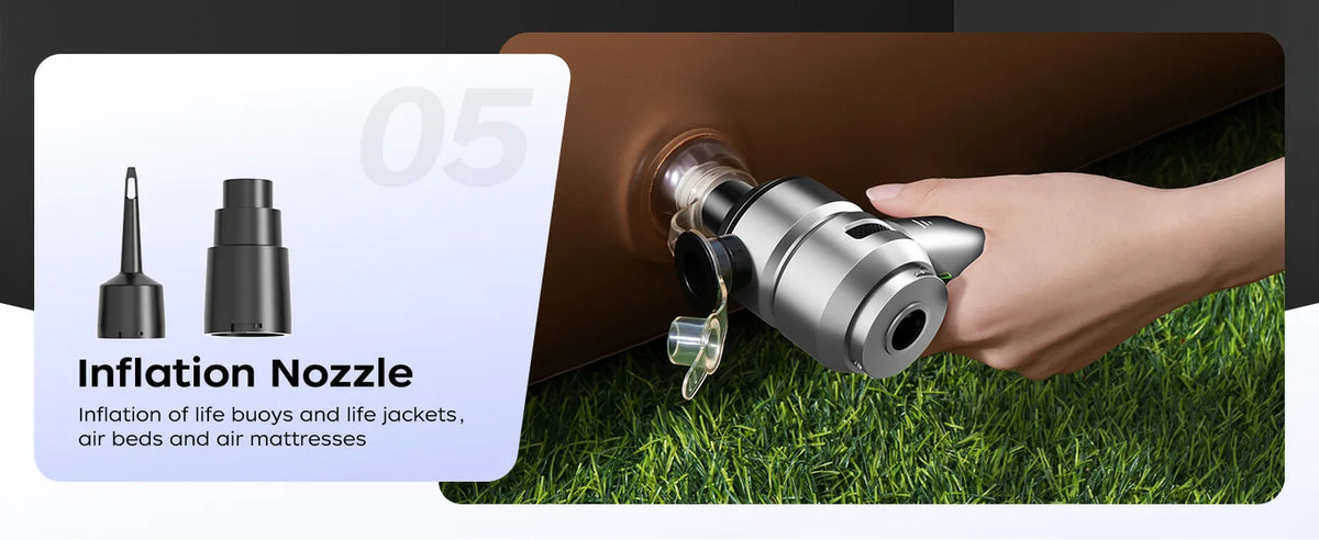 Silver VNOST cordless car vacuum using an inflation nozzle to inflate an air mattress