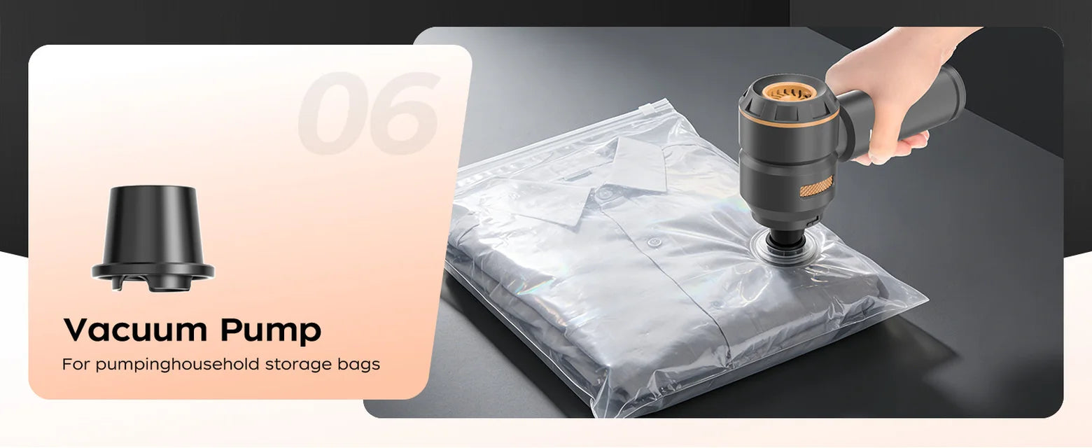 Black VNOST cordless car vacuum extracting air from a vacuum storage bag with the air extraction nozzle