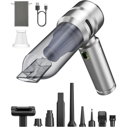 Silver VNOST cordless car vacuum with Type-C charging cable, storage bag, HEPA filter, and multiple cleaning attachments
