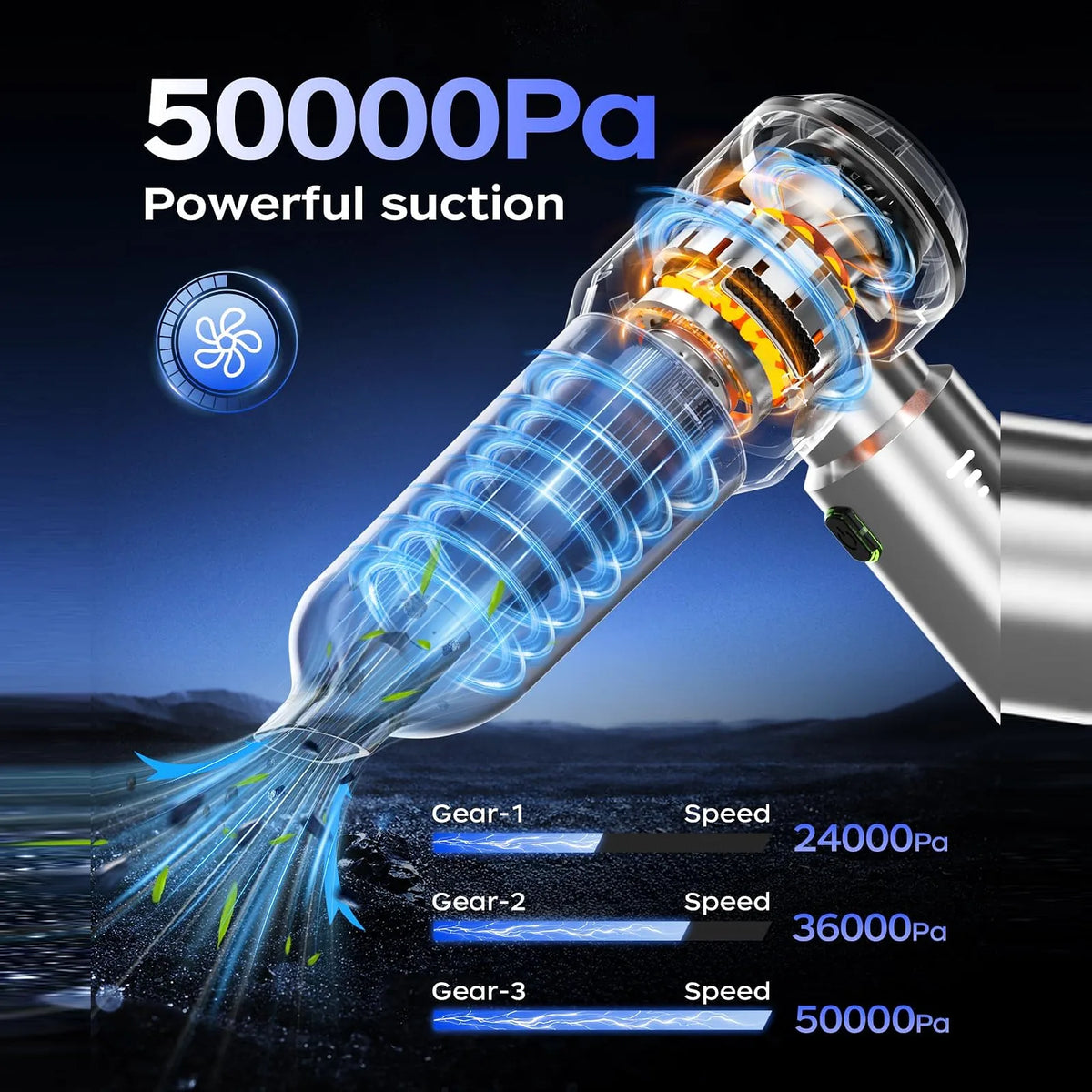 Silver VNOST cordless car vacuum showing three suction modes from 24,000 Pa to 50,000 Pa