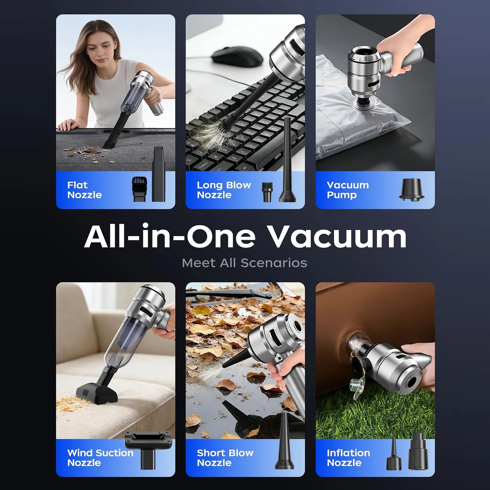 Silver VNOST cordless car vacuum showing vacuuming, dust blowing, inflation, and air extraction functions with multiple nozzle attachments