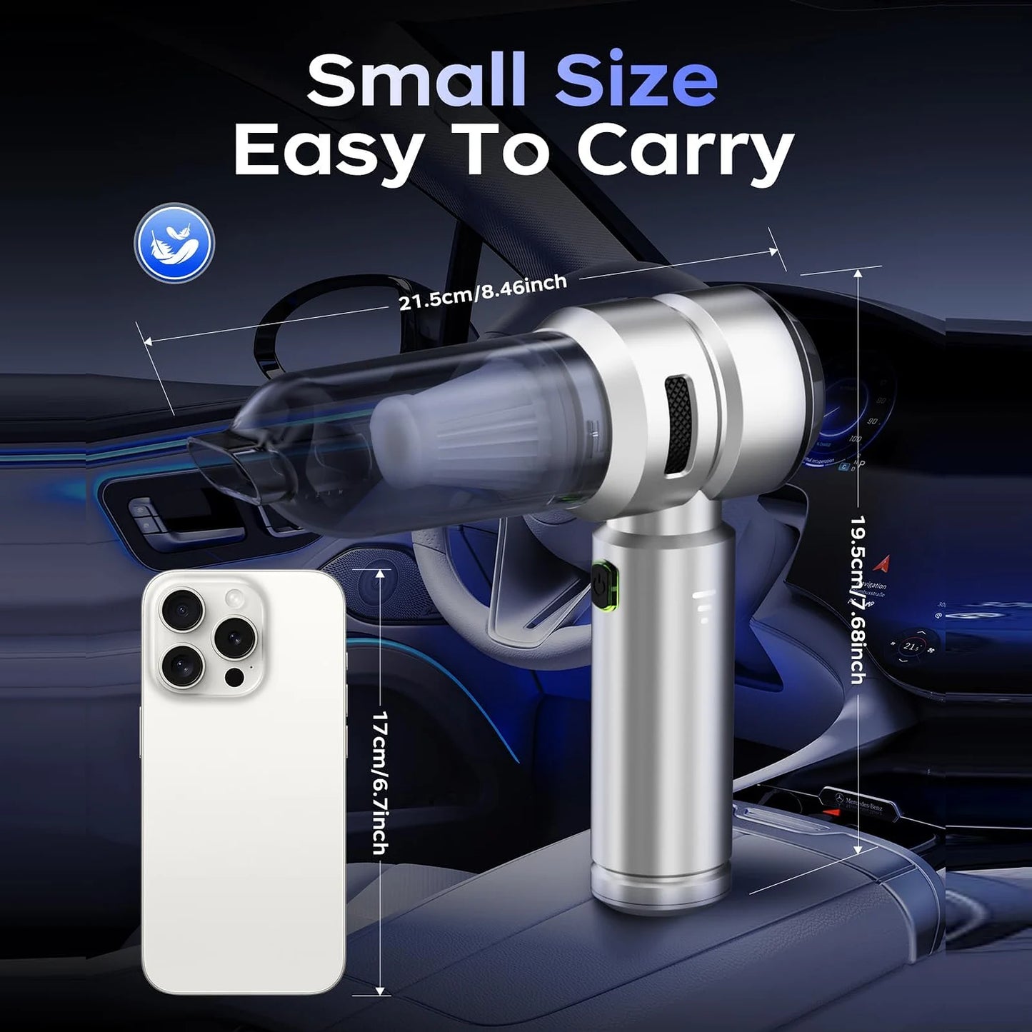 Silver VNOST cordless car vacuum showing its compact handheld size and dimensions for easy in-car storage