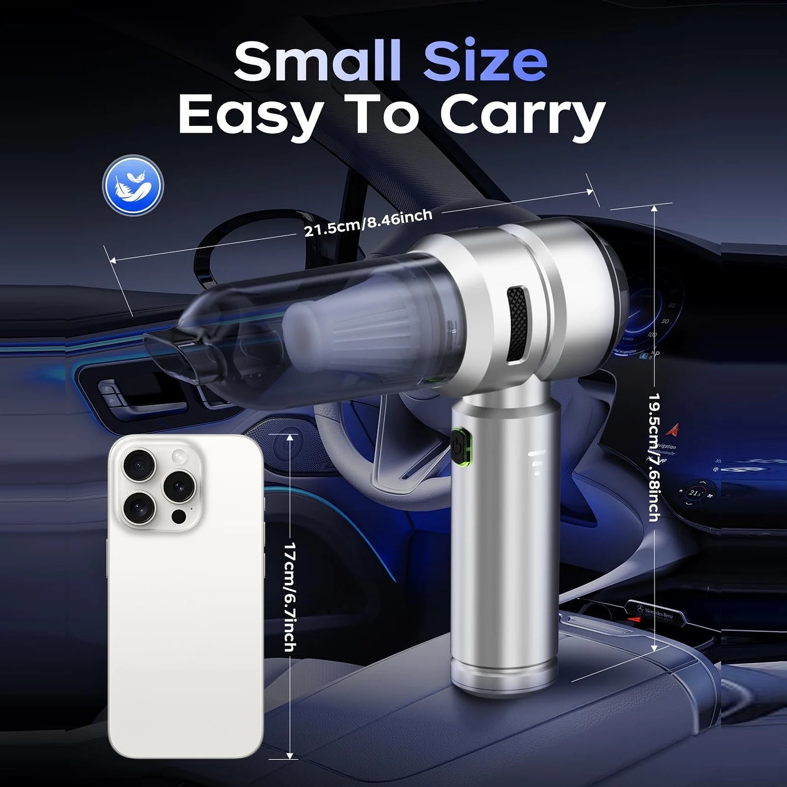 Silver VNOST cordless car vacuum showing its compact handheld size and dimensions for easy in-car storage