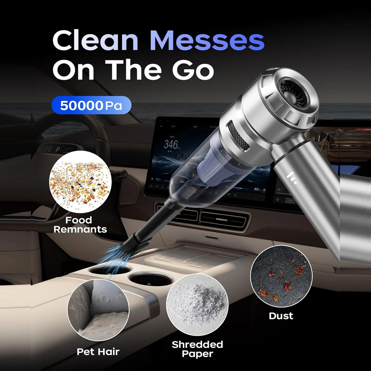 Silver VNOST cordless car vacuum cleaning food crumbs, pet hair, paper debris, and dust from a car interior