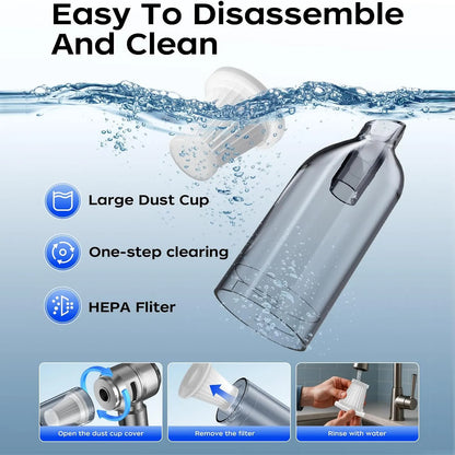 Silver VNOST cordless car vacuum showing a removable dust cup and washable HEPA filter for easy cleaning