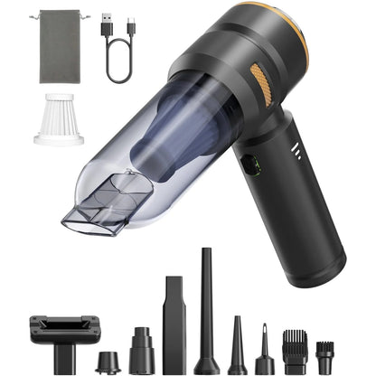 Black VNOST cordless car vacuum with Type-C charging cable, storage bag, HEPA filter, and multiple cleaning attachments