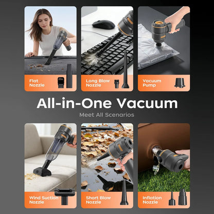 Black VNOST cordless car vacuum showing vacuuming, dust blowing, inflation, and air extraction functions with multiple nozzle attachments