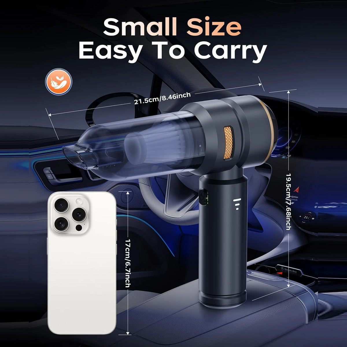 Black VNOST cordless car vacuum showing its compact handheld size and dimensions for easy in-car storage
