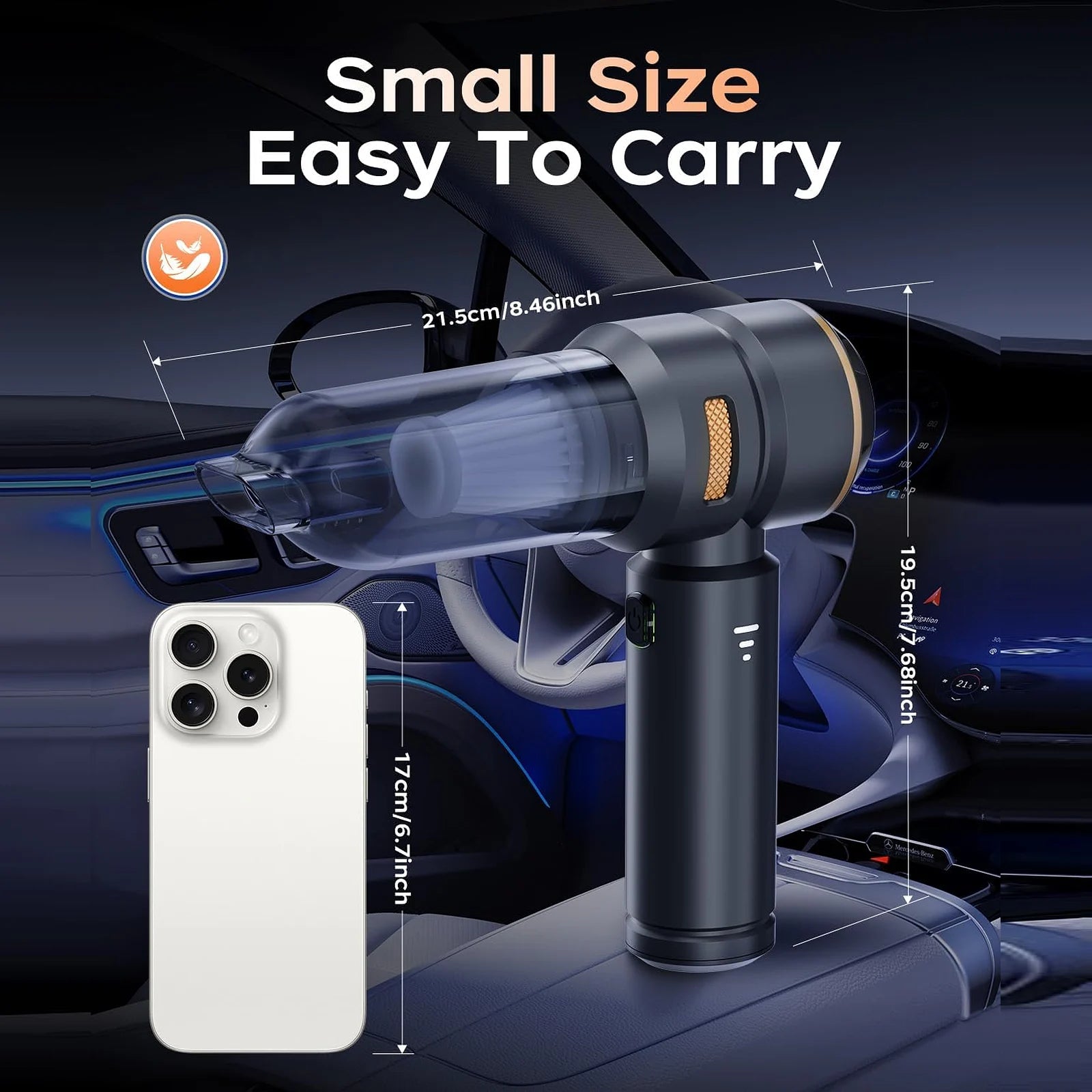 Black VNOST cordless car vacuum showing its compact handheld size and dimensions for easy in-car storage