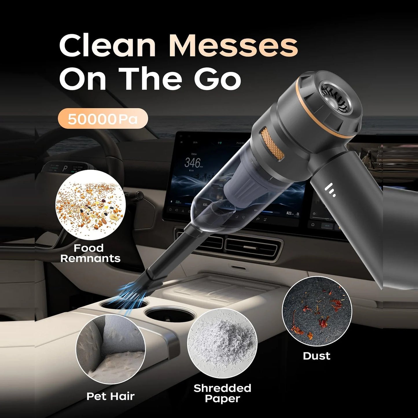 Black VNOST cordless car vacuum cleaning food crumbs, pet hair, paper debris, and dust from a car interior