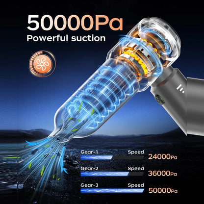 Black VNOST cordless car vacuum showing three suction modes from 24,000 Pa to 50,000 Pa