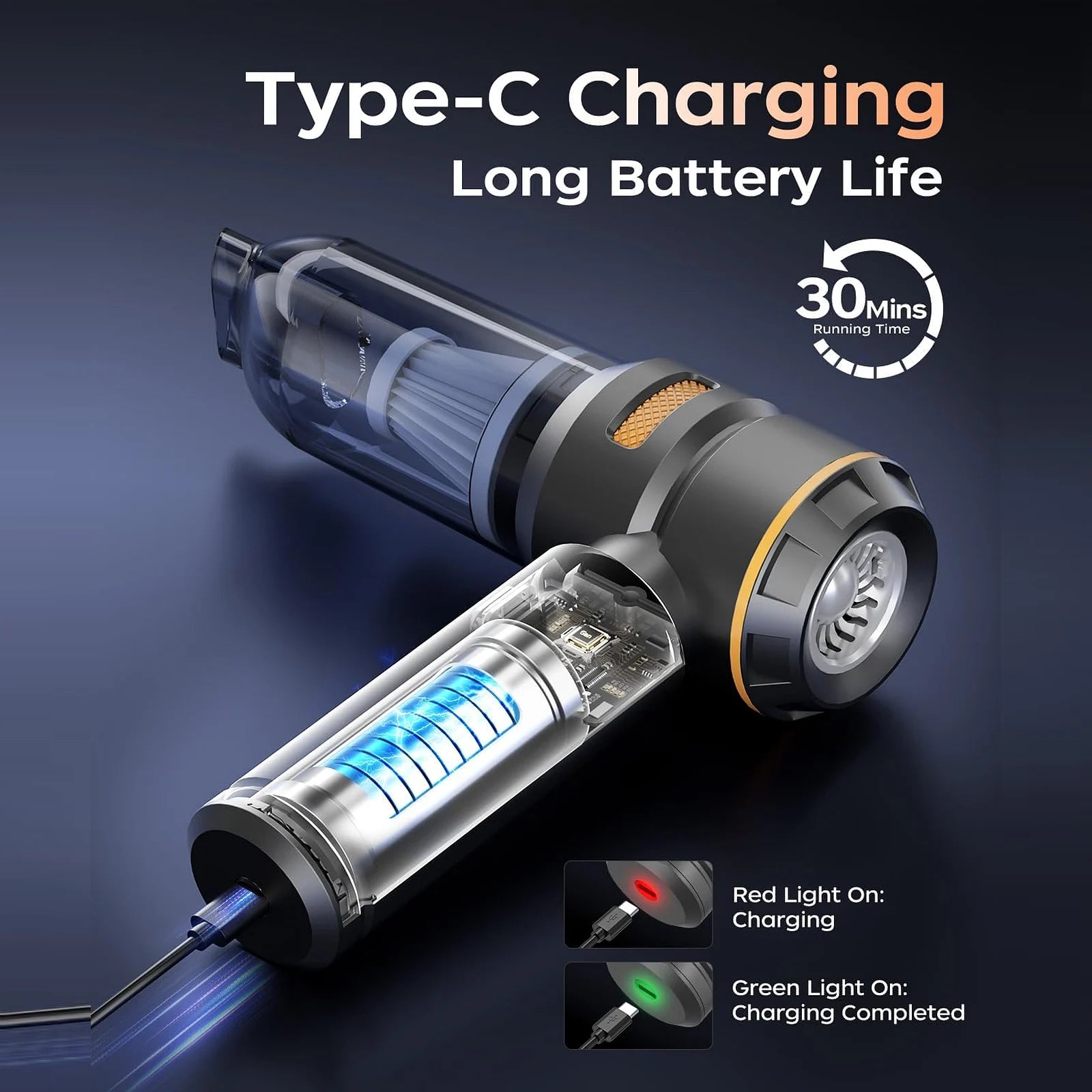 Black VNOST cordless car vacuum with Type-C charging, charging status lights, and up to 30 minutes of runtime