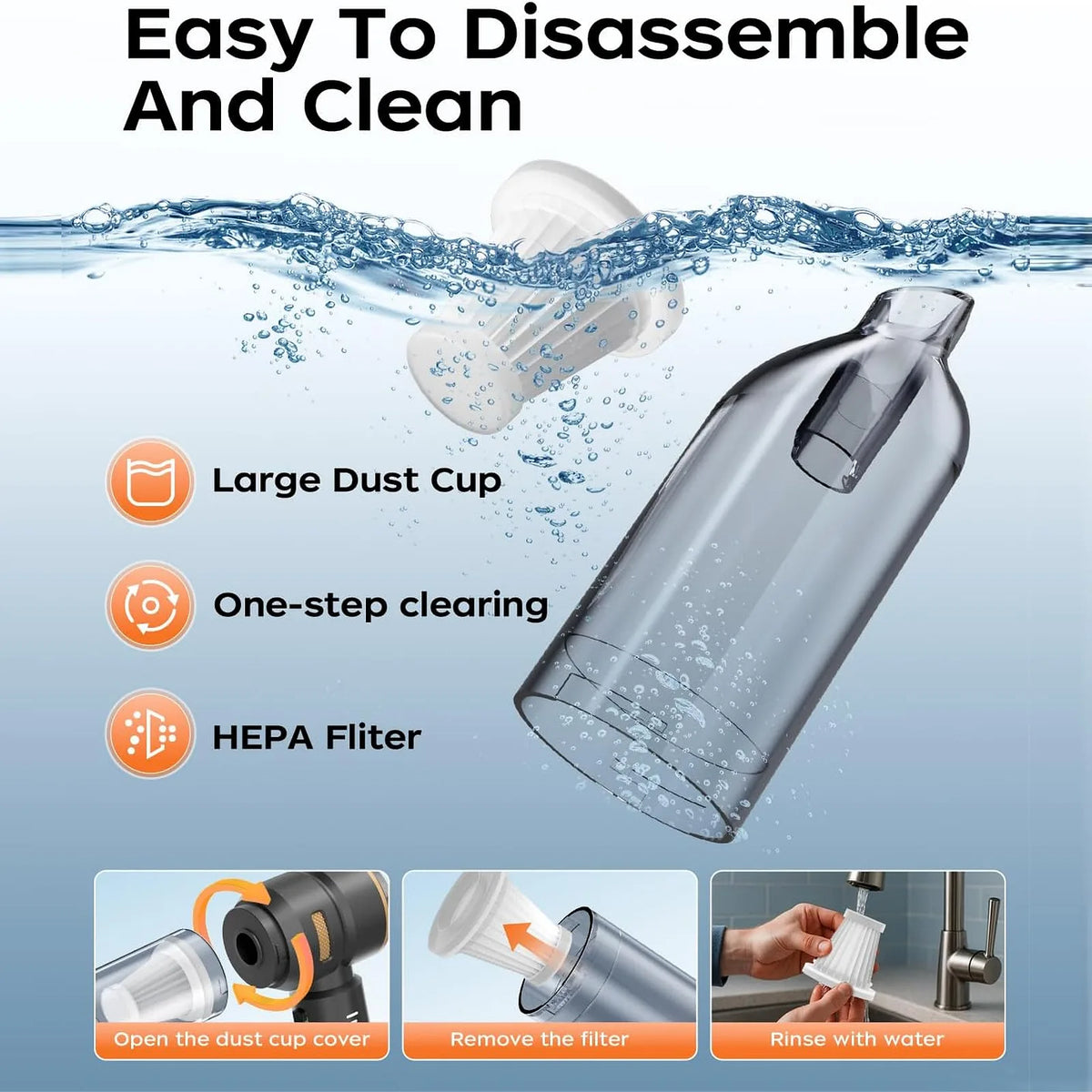 Black VNOST cordless car vacuum showing a removable dust cup and washable HEPA filter for easy cleaning