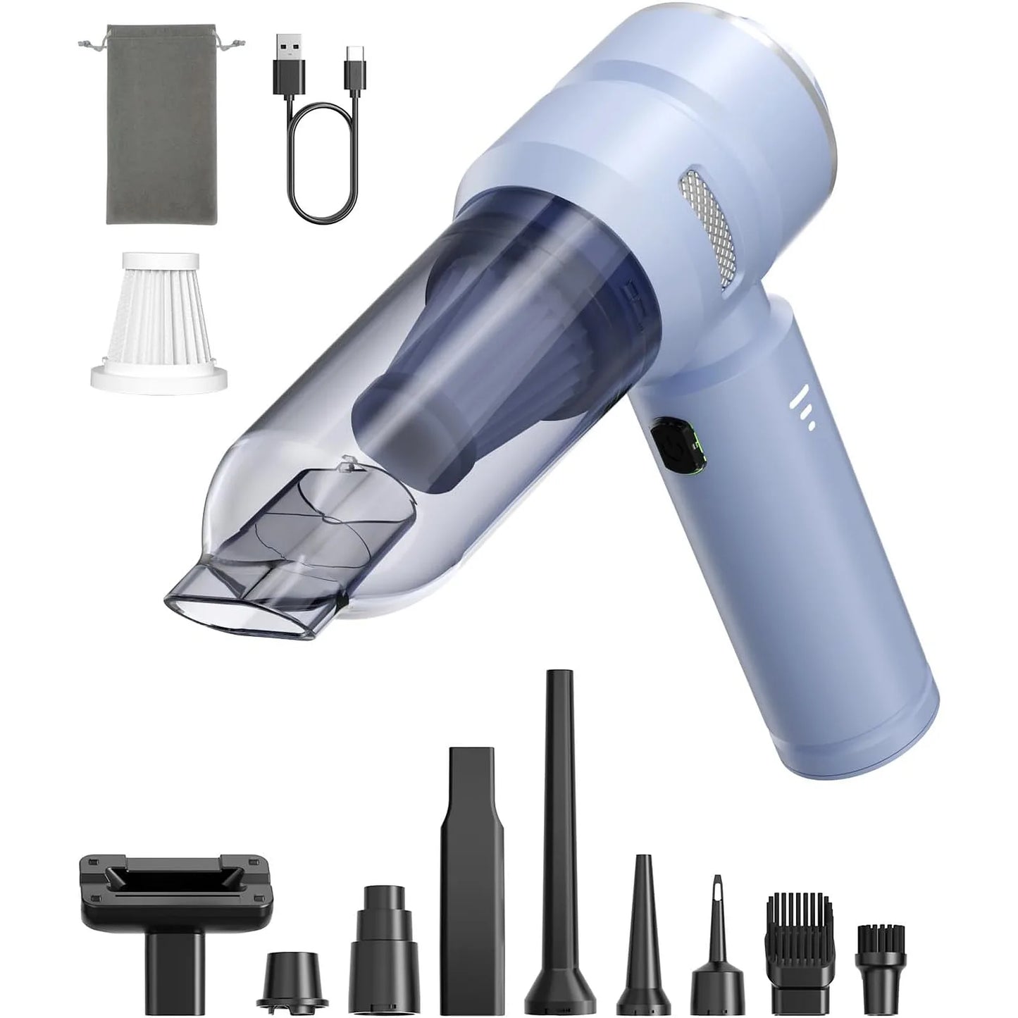 Blue VNOST cordless car vacuum with Type-C charging cable, storage bag, HEPA filter, and multiple cleaning attachments
