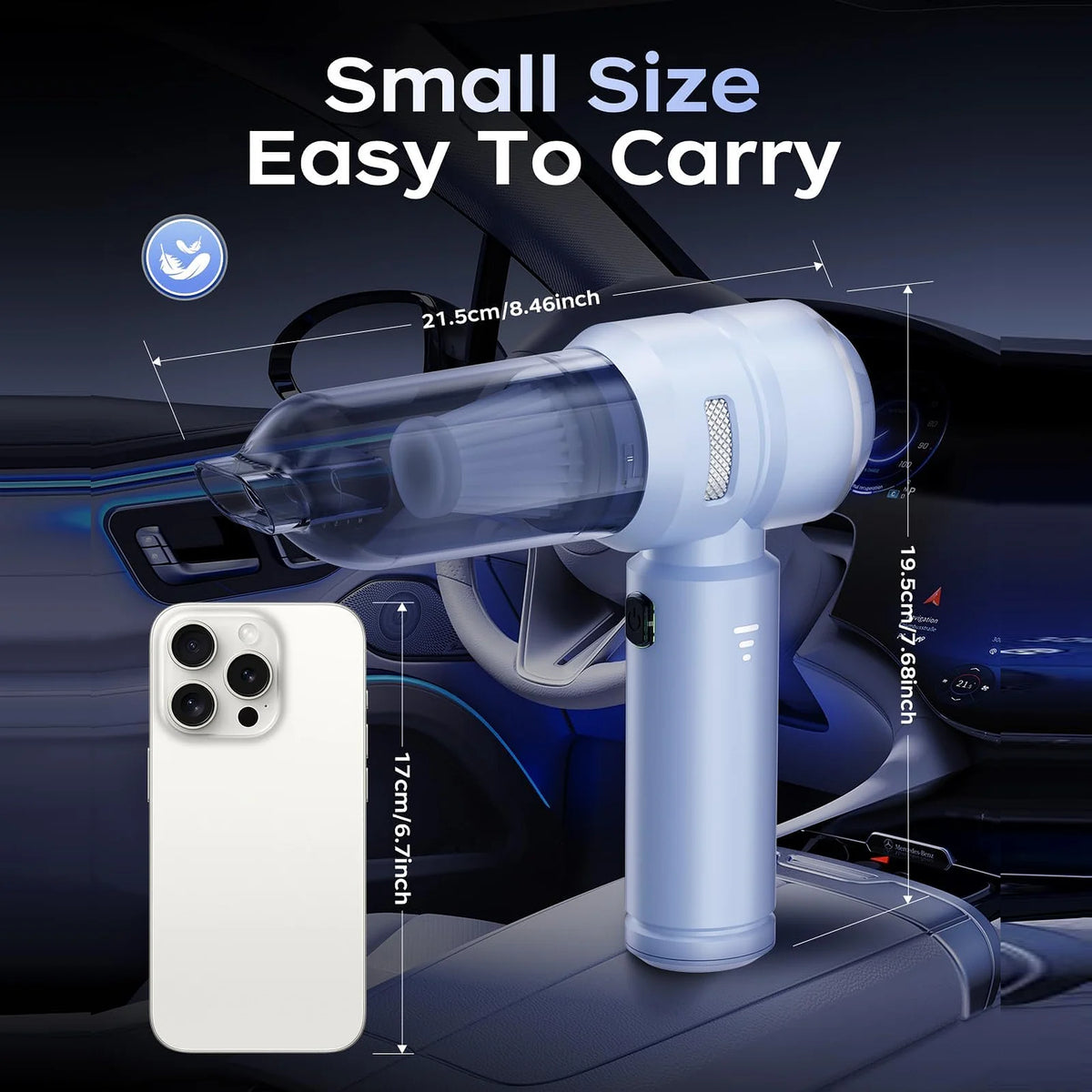 Blue VNOST cordless car vacuum showing its compact handheld size and dimensions for easy in-car storage