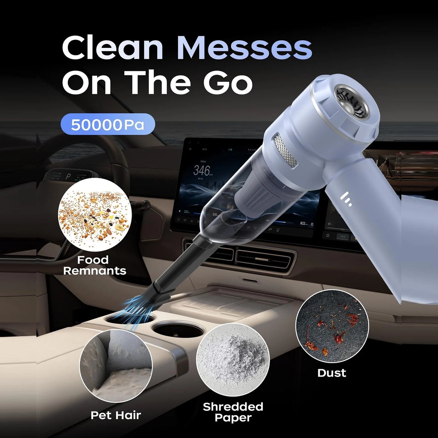 Blue VNOST cordless car vacuum cleaning food crumbs, pet hair, paper debris, and dust from a car interior