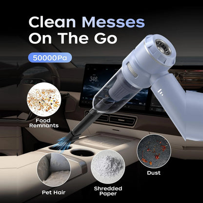 Blue VNOST cordless car vacuum cleaning food crumbs, pet hair, paper debris, and dust from a car interior