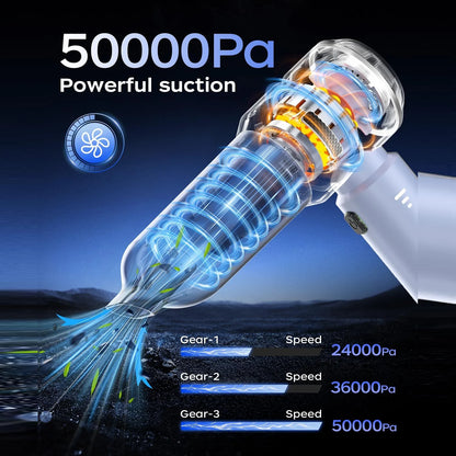 Blue VNOST cordless car vacuum showing three suction modes from 24,000 Pa to 50,000 Pa