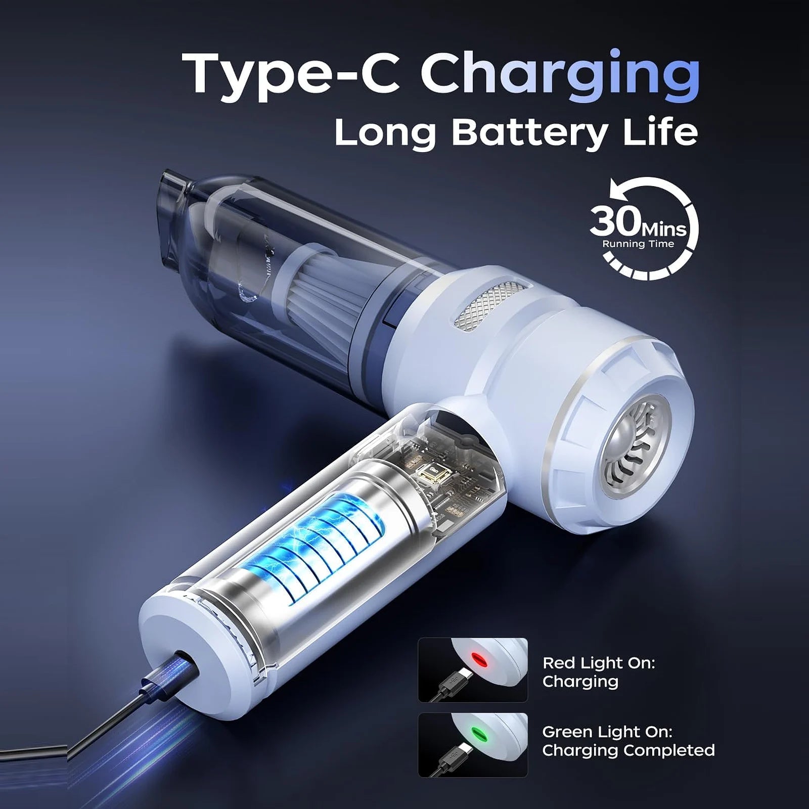 Blue VNOST cordless car vacuum with Type-C charging, charging status lights, and up to 30 minutes of runtime