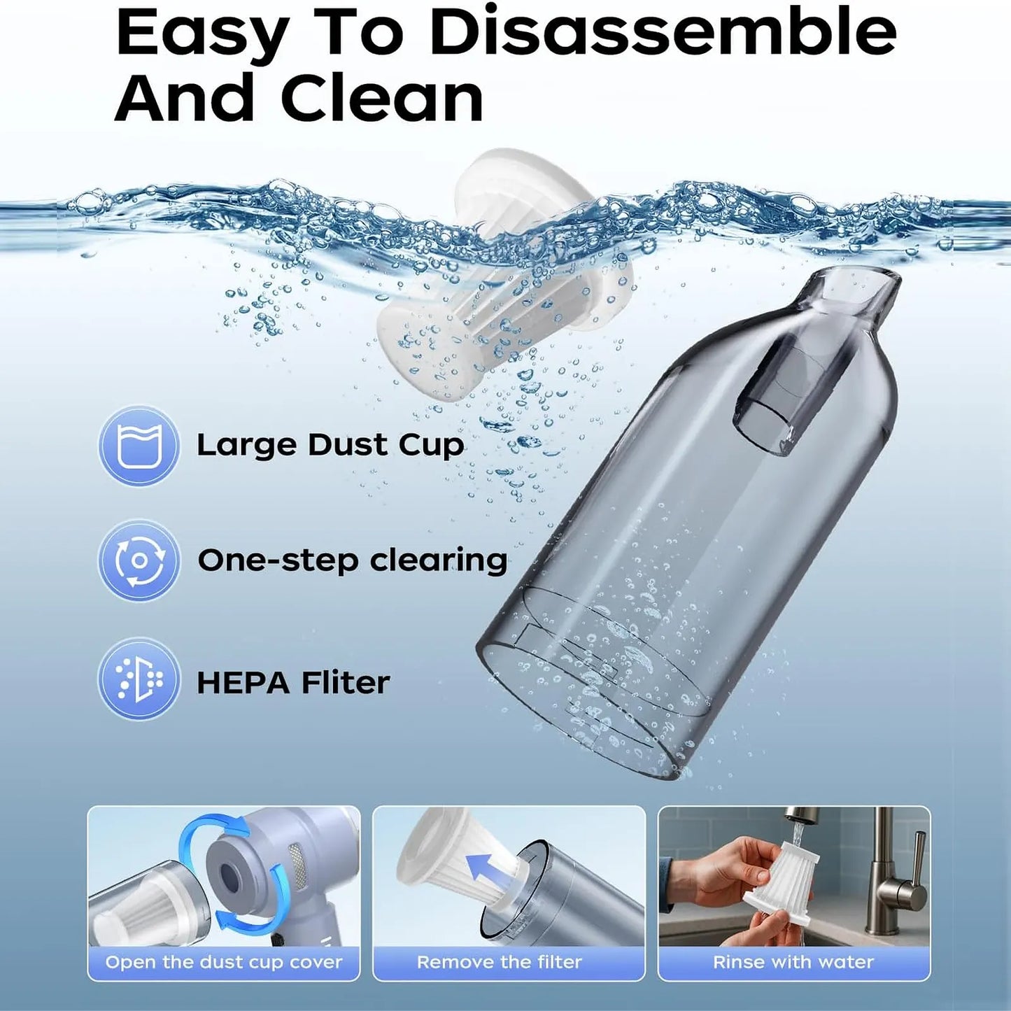 Blue VNOST cordless car vacuum showing a removable dust cup and washable HEPA filter for easy cleaning