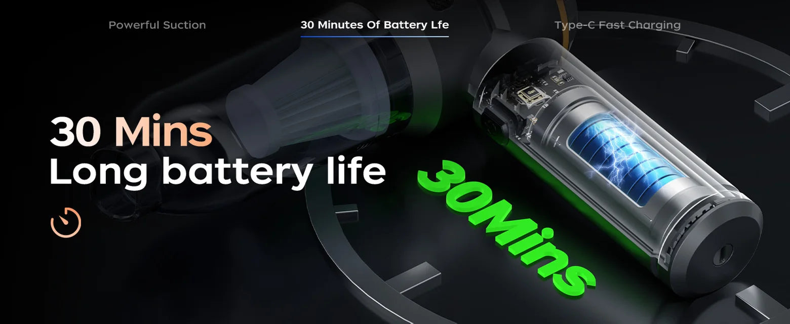 Black VNOST cordless car vacuum showing up to 30 minutes of runtime with a rechargeable battery
