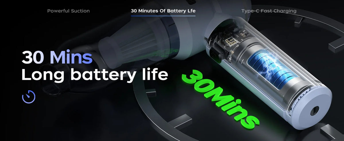 Blue VNOST cordless car vacuum showing up to 30 minutes of runtime with a rechargeable battery