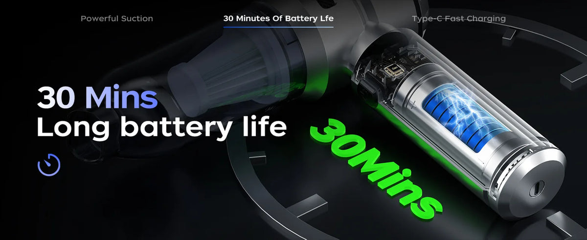 Silver VNOST cordless car vacuum showing up to 30 minutes of runtime with a rechargeable battery