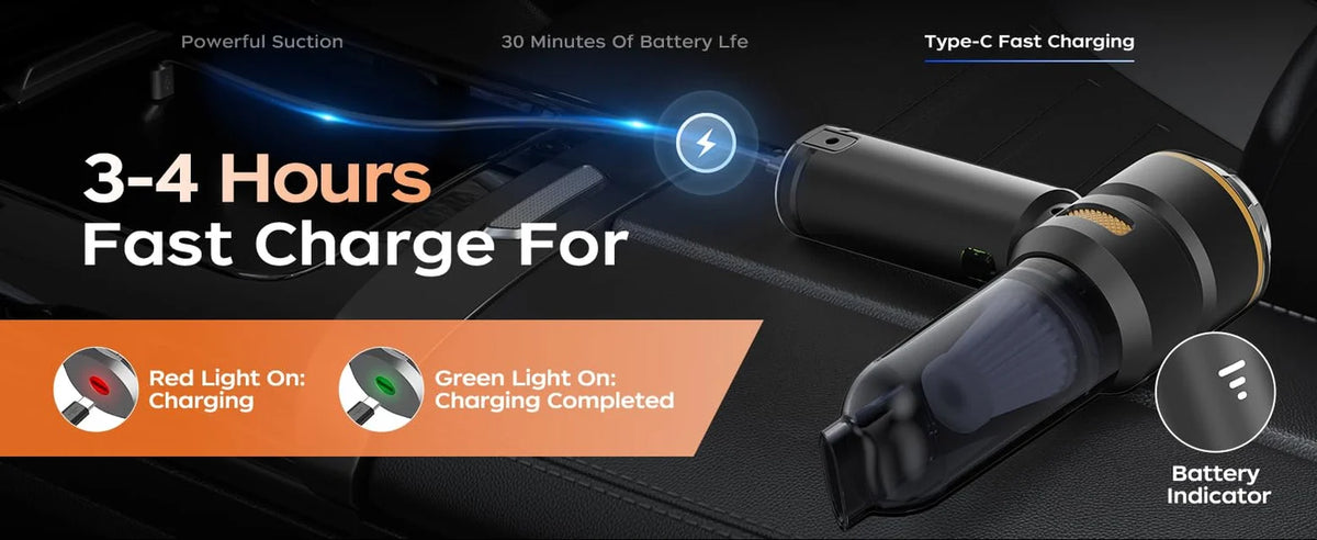 Black VNOST cordless car vacuum with Type-C charging, battery level indicator, and charging status lights