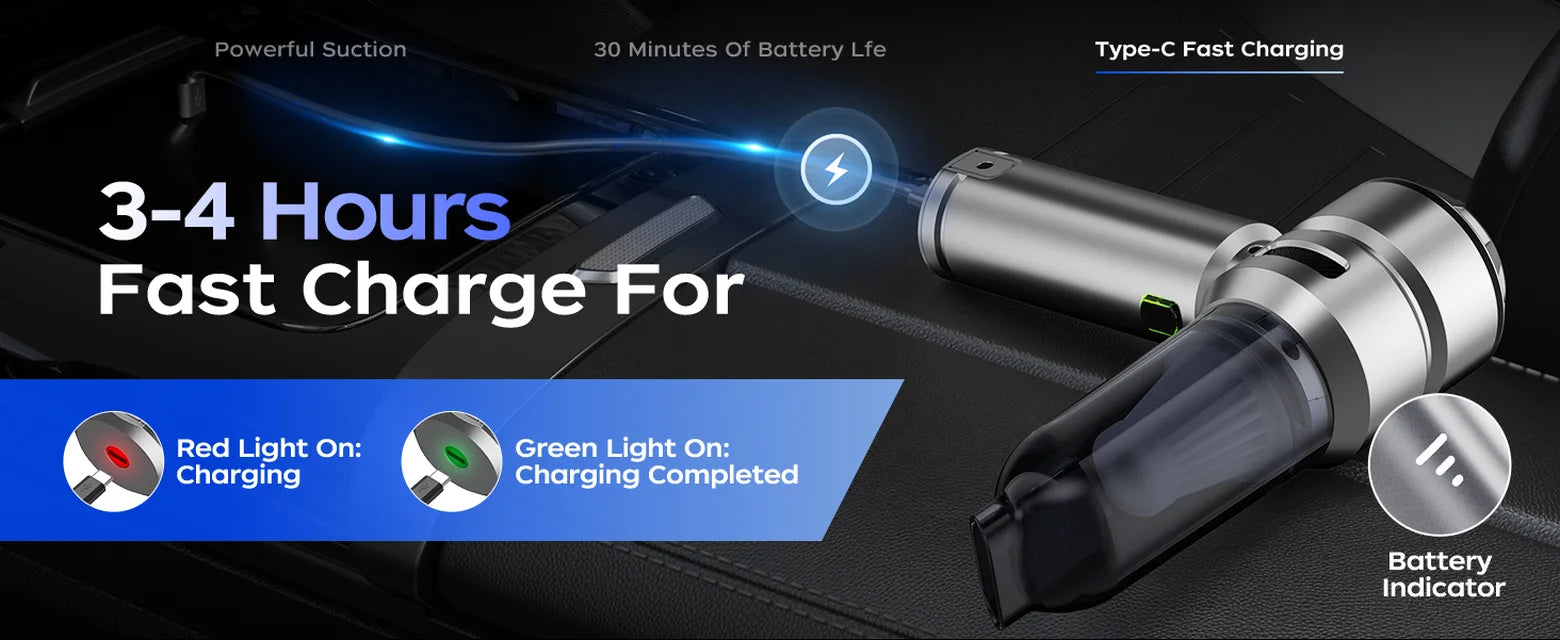 Silver VNOST cordless car vacuum with Type-C charging, battery level indicator, and charging status lights