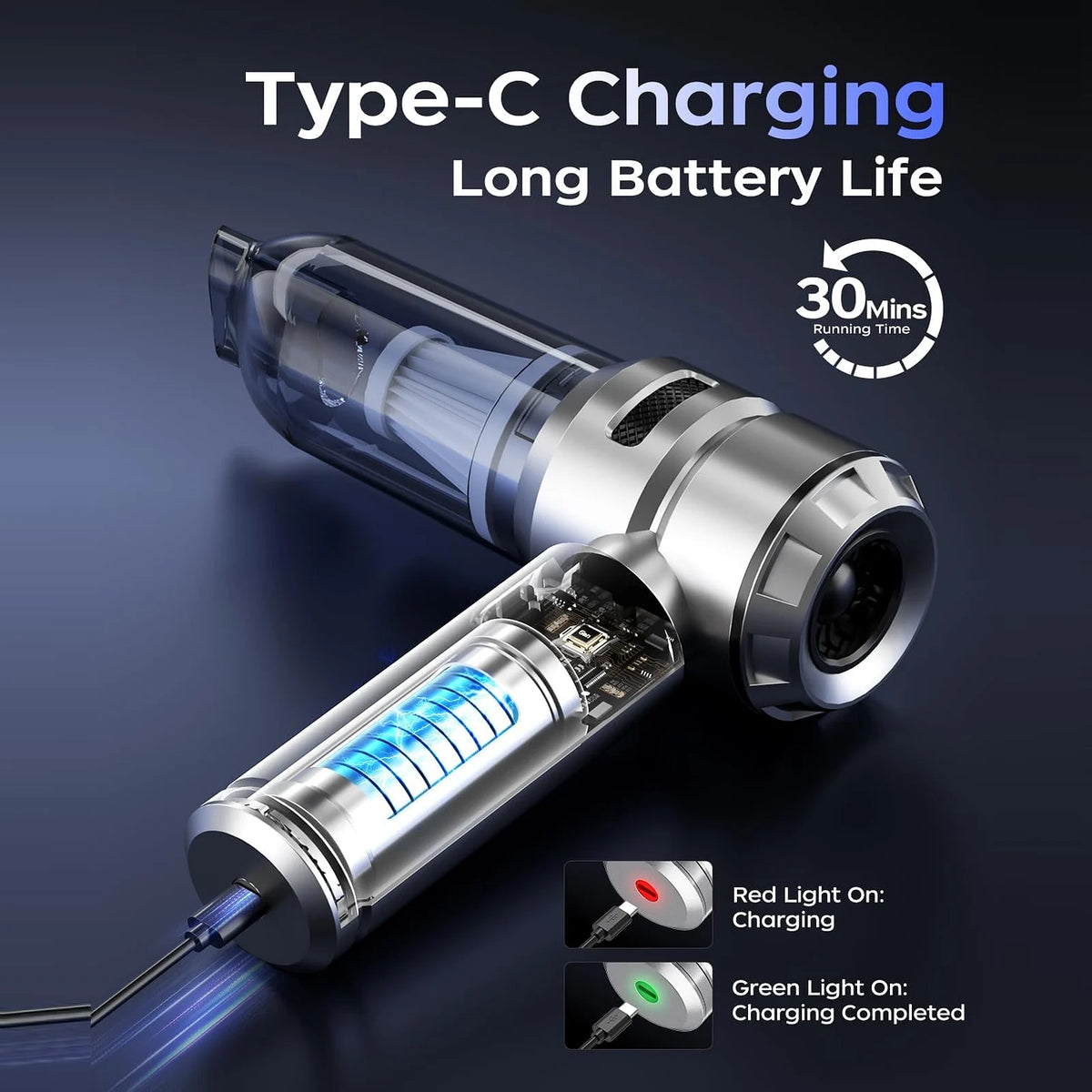 Silver VNOST cordless car vacuum with Type-C charging, charging status lights, and up to 30 minutes of runtime