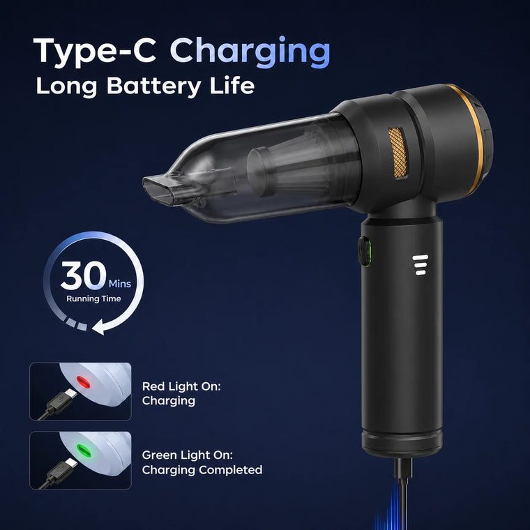 Black VNOST cordless car vacuum with Type-C charging, up to 30 minutes of runtime, and charging status lights