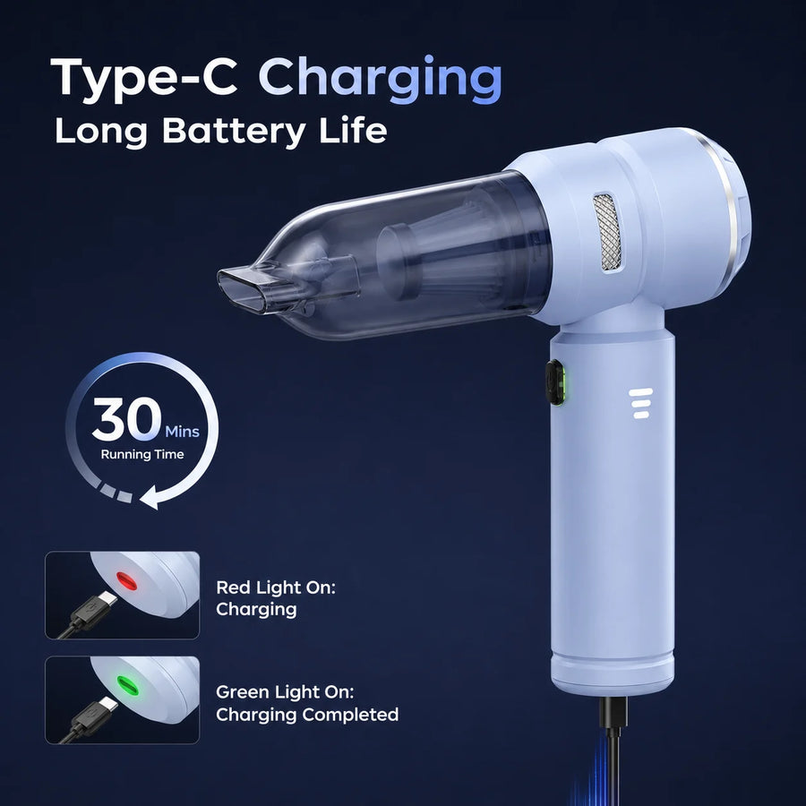 Blue VNOST cordless car vacuum with Type-C charging, up to 30 minutes of runtime, and charging status lights