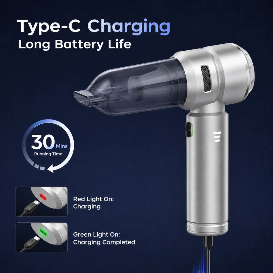 Silver VNOST cordless car vacuum with Type-C charging, up to 30 minutes of runtime, and charging status lights