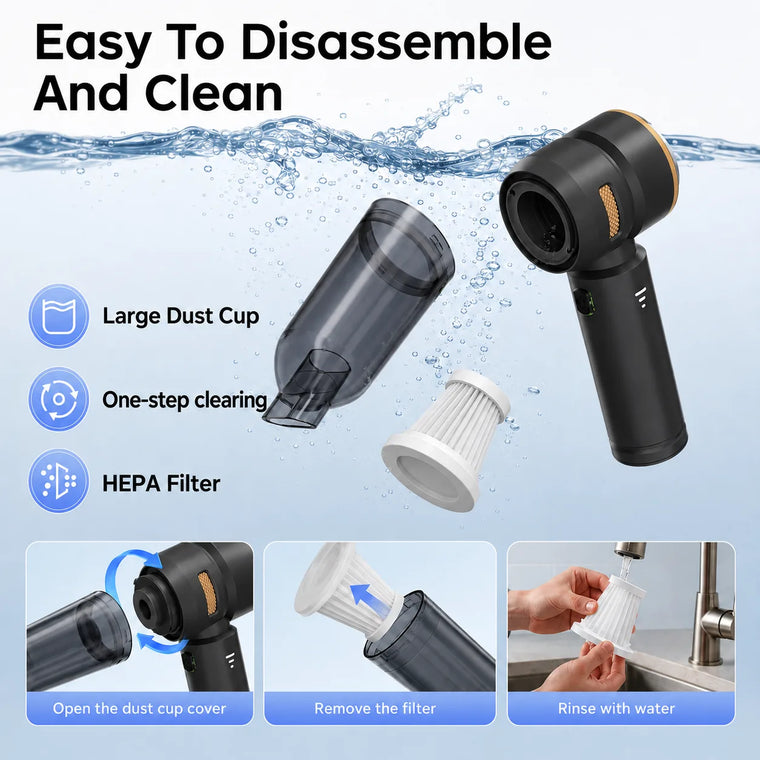 Black VNOST cordless car vacuum with a removable dust cup and washable HEPA filter for easy cleaning