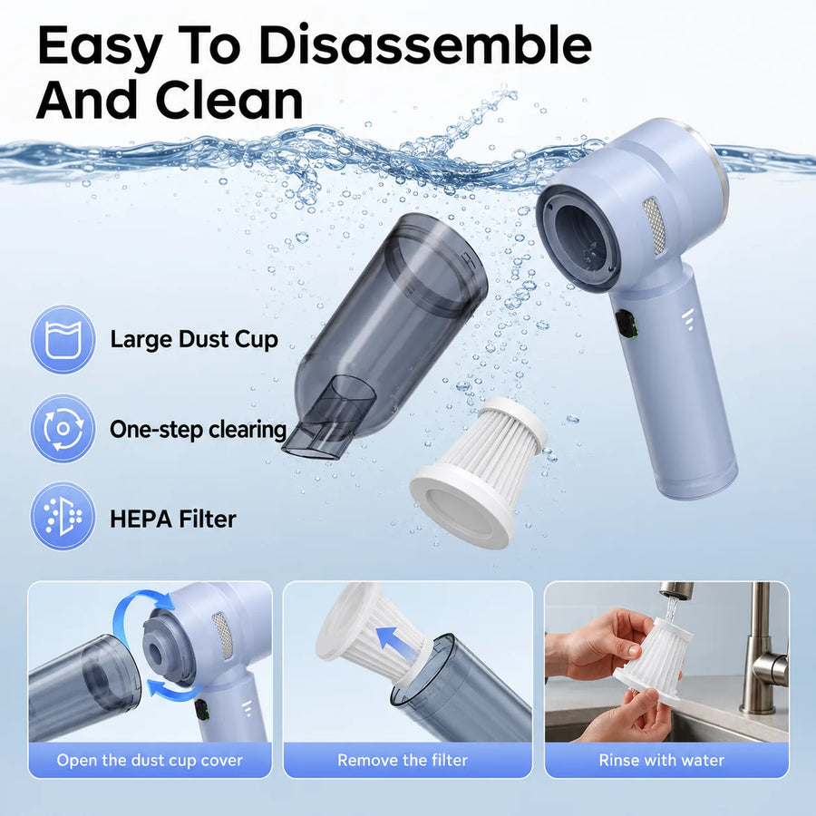 Blue VNOST cordless car vacuum with a removable dust cup and washable HEPA filter for easy cleaning