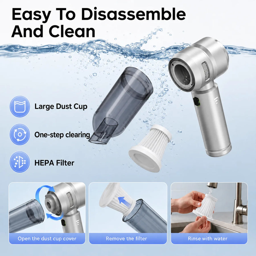 Silver VNOST cordless car vacuum with a removable dust cup and washable HEPA filter for easy cleaning