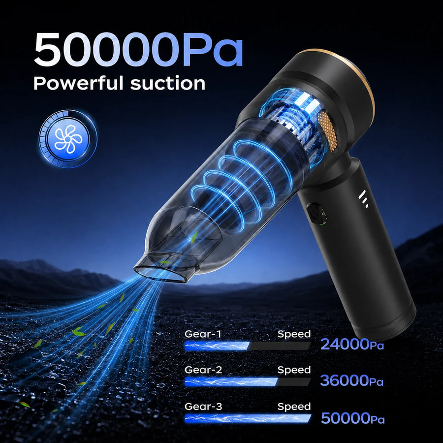 Black VNOST cordless car vacuum showing 50,000 Pa suction and three adjustable suction modes from 24,000 to 50,000 Pa
