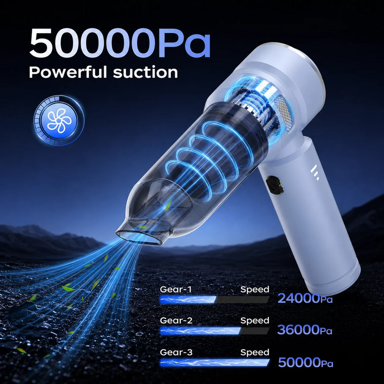 Blue VNOST cordless car vacuum showing 50,000 Pa suction and three adjustable modes from 24,000 to 50,000 Pa